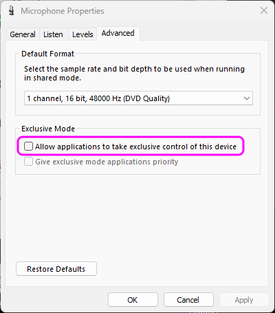 Allow Shared Sound on Windows